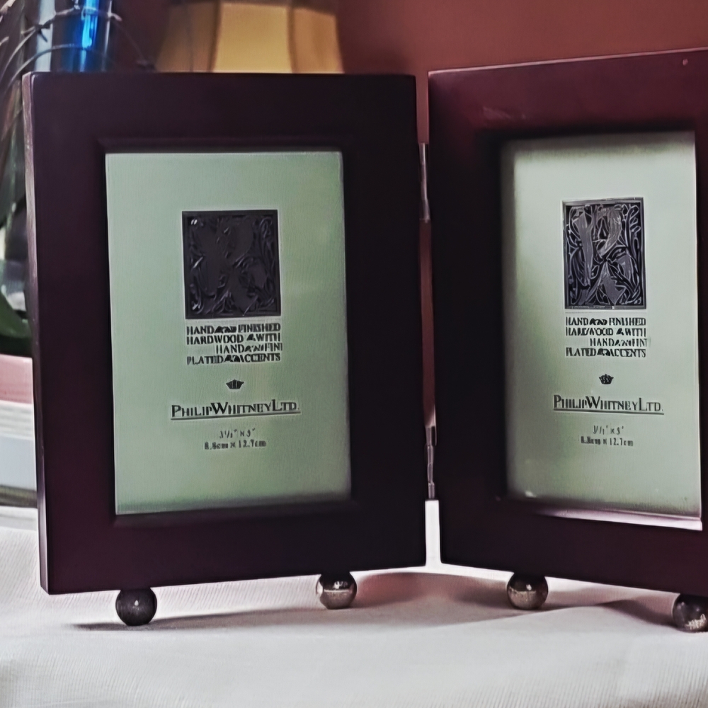 Philip Whitney Double Tabletop Picture Frame in Brown Wood W/ Silver Ball Stand